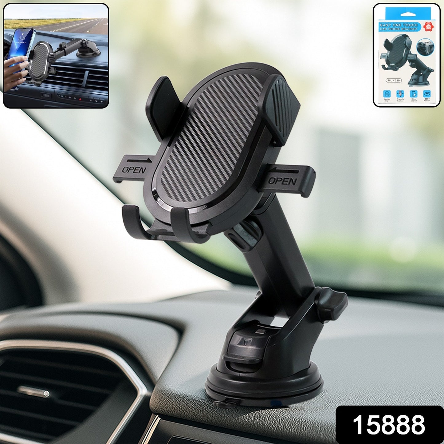 Wukusy adjustable car mobile holder mounted on a vehicle dashboard, holding a smartphone securely for easy access during driving