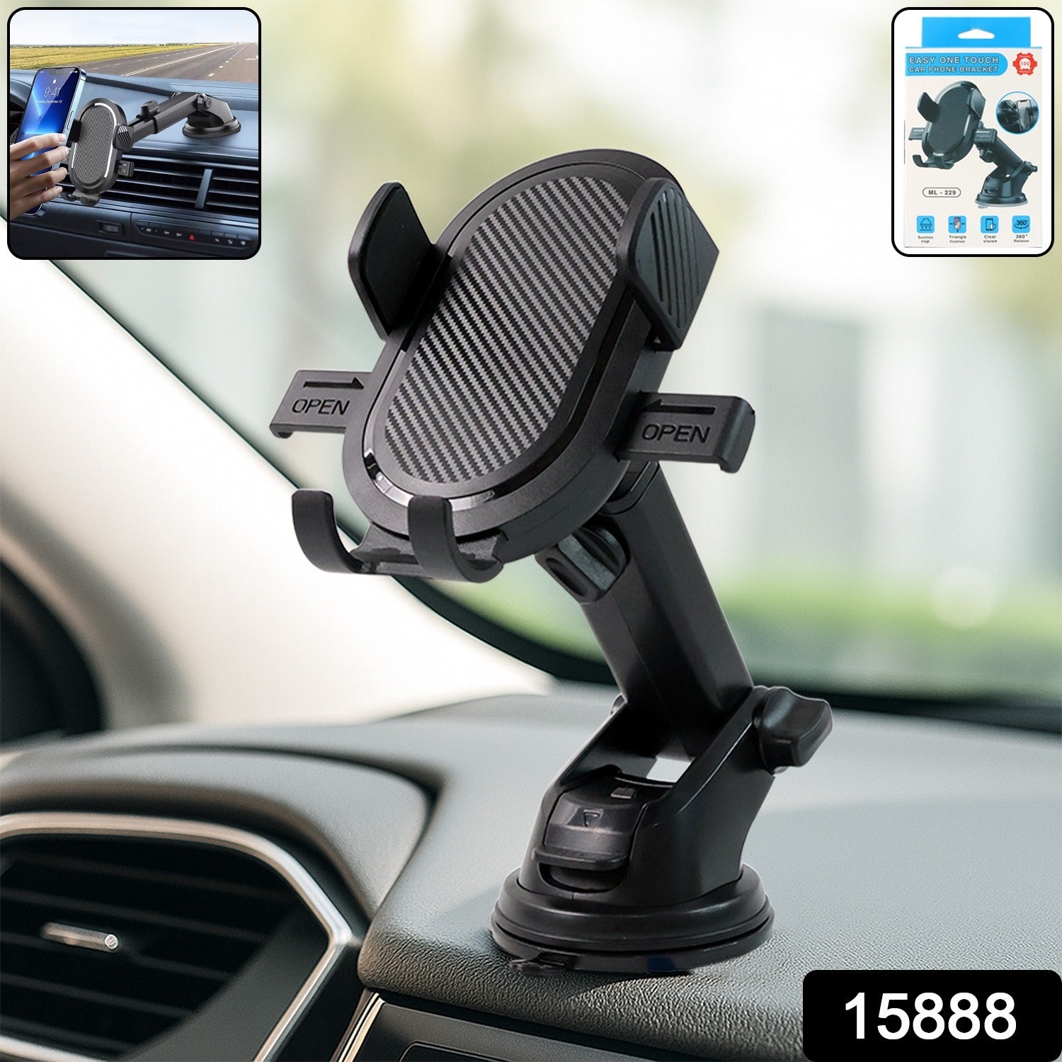 Wukusy adjustable car mobile holder mounted on a vehicle dashboard, holding a smartphone securely for easy access during driving