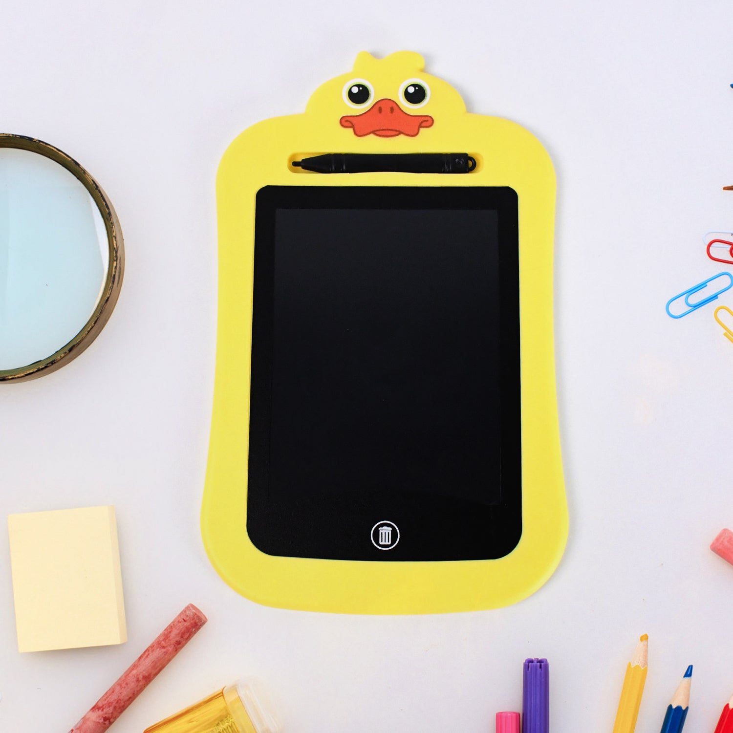 Wukusy kids portable LCD writing tablet showing a colorful drawing on a compact, lightweight electronic drawing device.