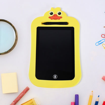 Wukusy kids portable LCD writing tablet showing a colorful drawing on a compact, lightweight electronic drawing device.