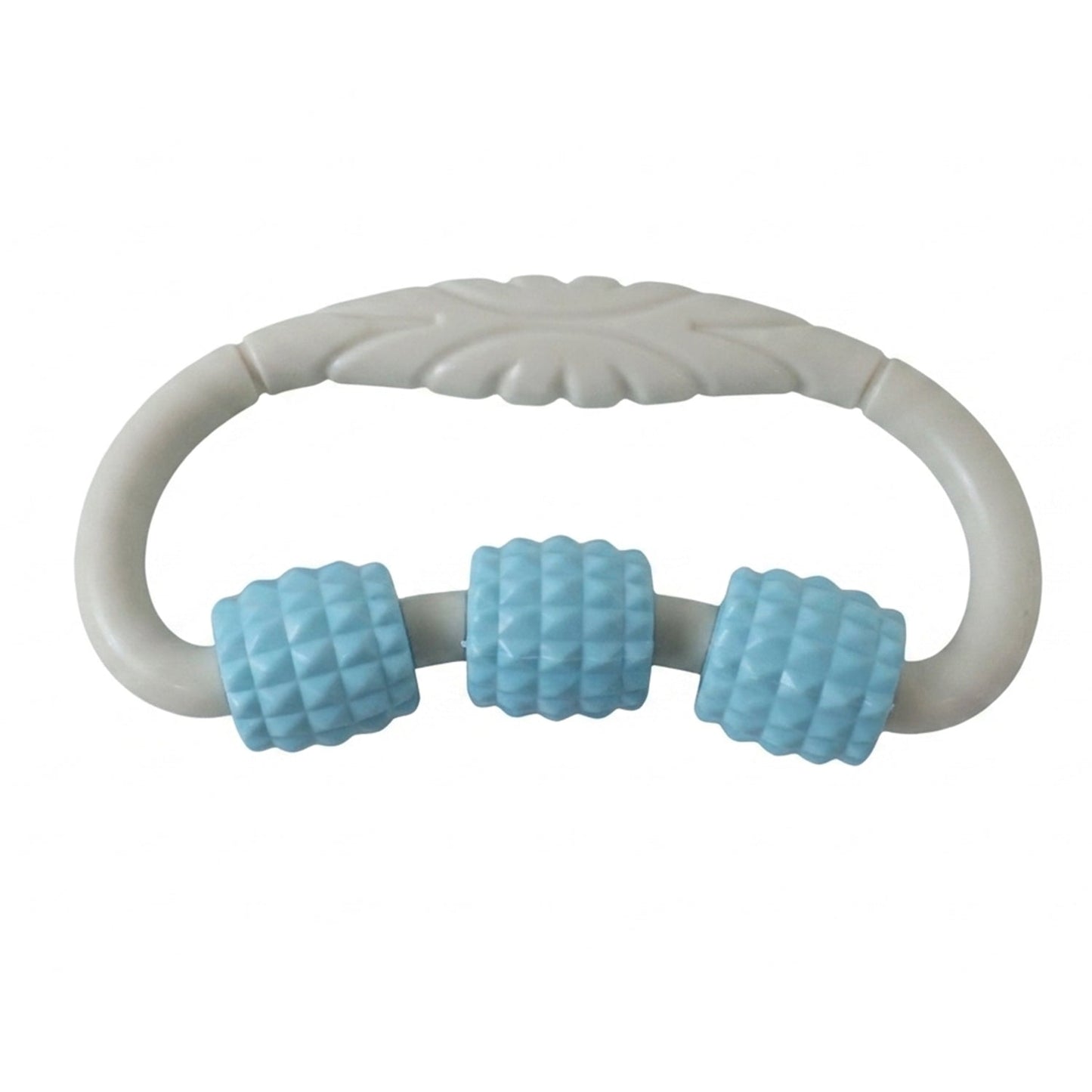 Wukusy handheld 3-roller body massager ring for muscle relaxation on arms and legs, shown in close-up image.