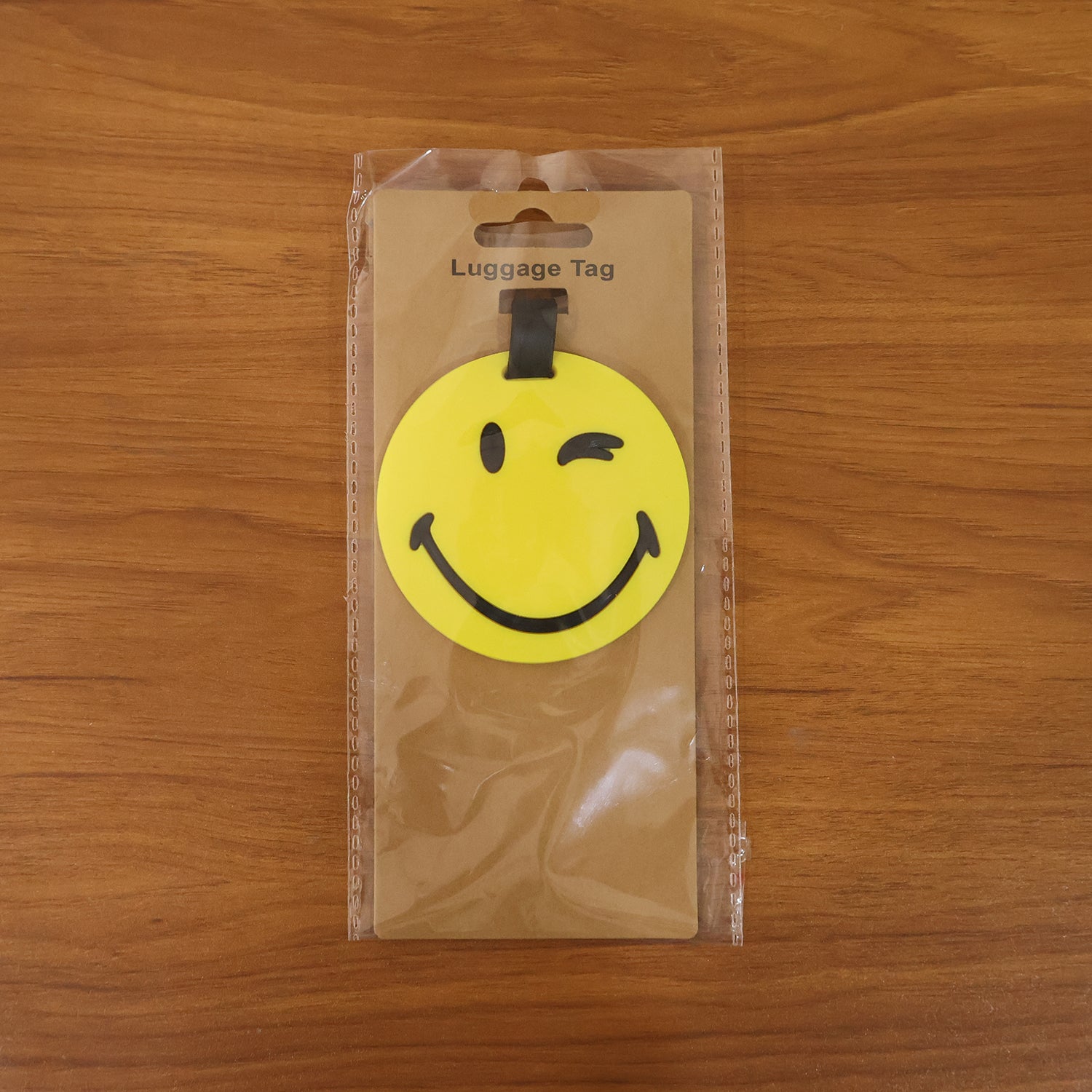 Wukusy cute smiley face round travel luggage bag tag with bright yellow background and playful design for easy identification