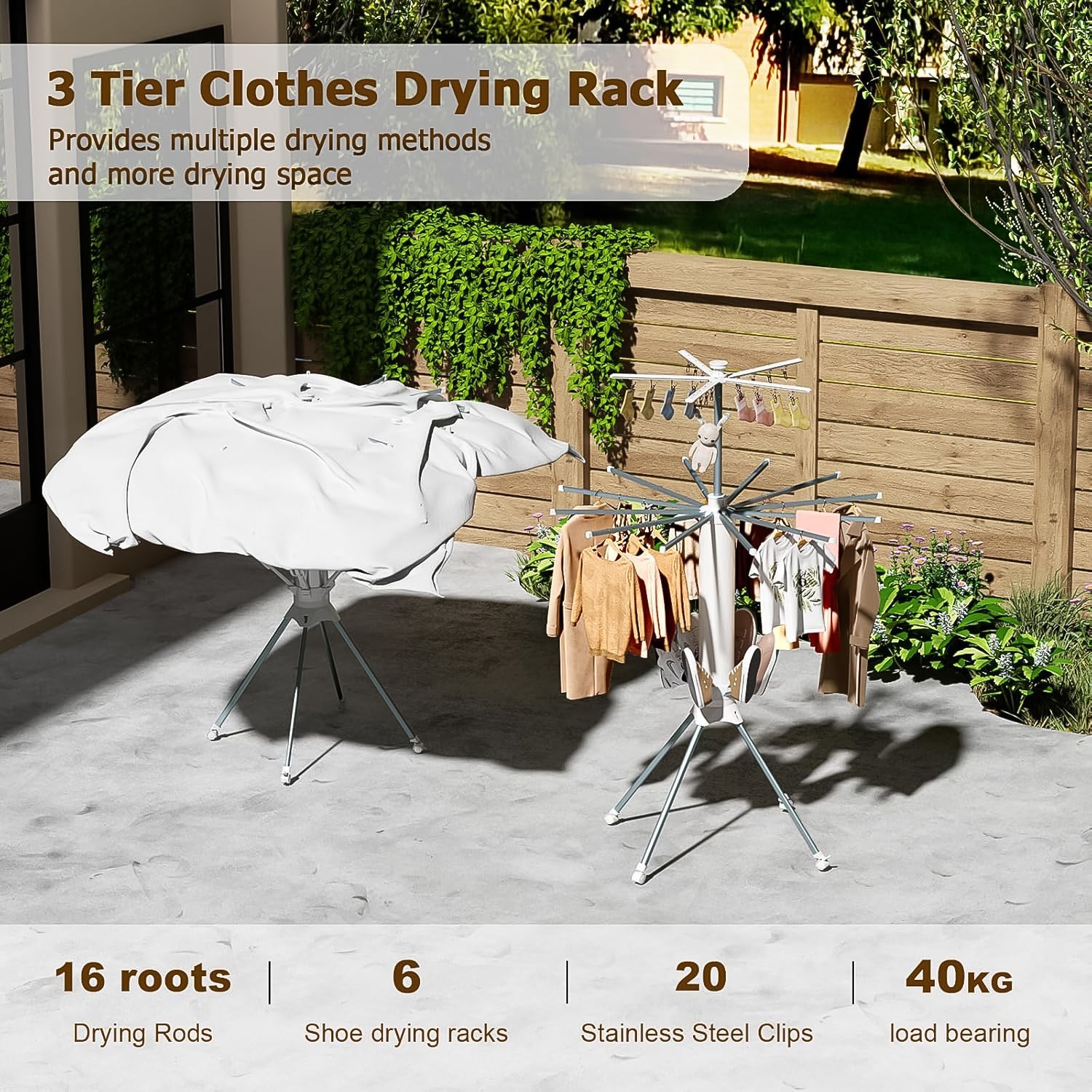 Wukusy multi-layer foldable clothes drying rack set with multiple metal tiers for efficient indoor and outdoor drying.