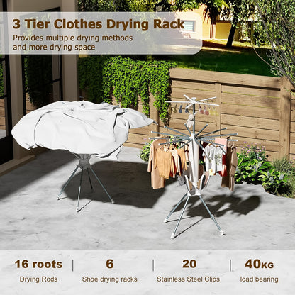 Wukusy multi-layer foldable clothes drying rack set with multiple metal tiers for efficient indoor and outdoor drying.