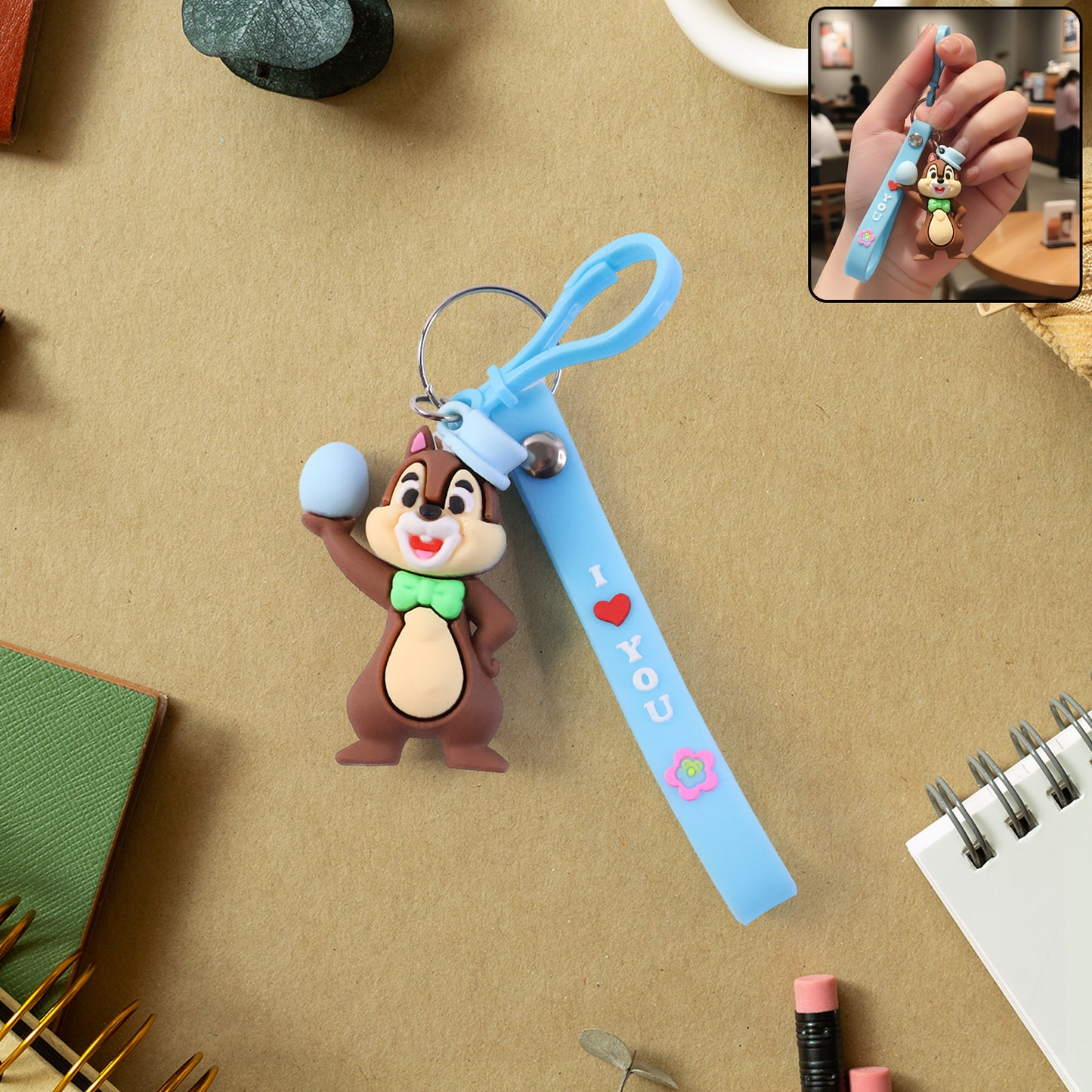 Cute cartoon squirrel keychain from Wukusy featuring a colorful, detailed squirrel design on a metal keyring.