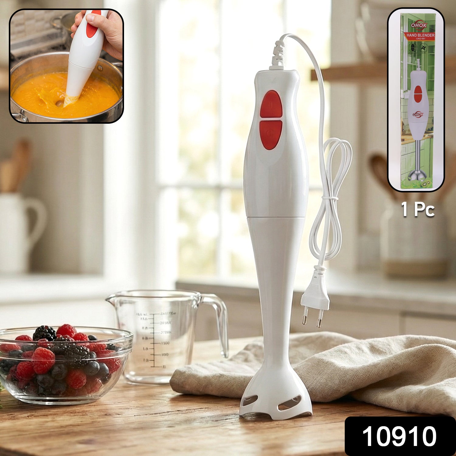 Wukusy electric hand blender stick with ergonomic handle and blending shaft for smoothies, soups, and purees.
