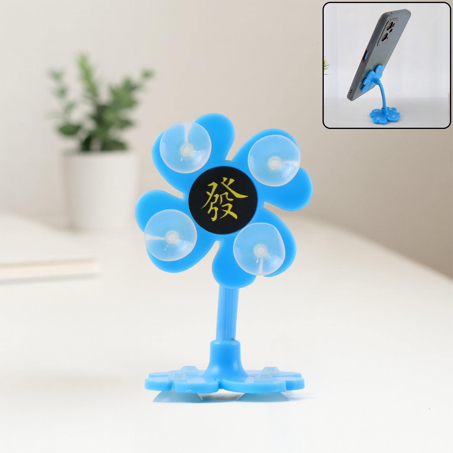 Multicolored Wukusy 360° rotatable flower-shaped cellphone holder car mount with sucker stand, shown with packaging.