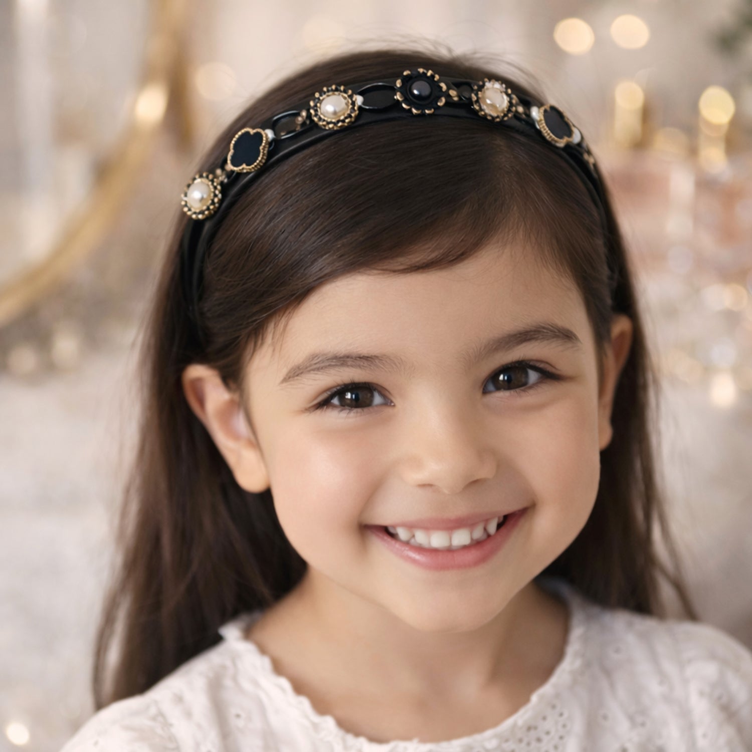 Stylish black and gold decorative headband by Wukusy, featuring a sleek design and elegant finish for hair accessories.