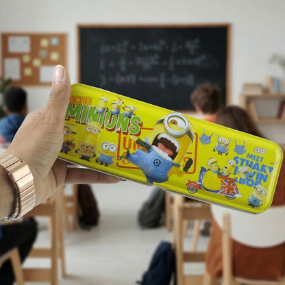 Colorful cartoon-themed metal pencil box with cute design by Wukusy, featuring vibrant illustrations and a durable metal construction.