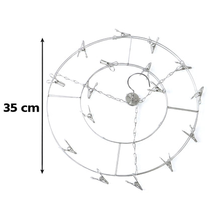 Wukusy stainless steel round multi-clip drying hanger holding socks and underwear, compact and durable for laundry drying.