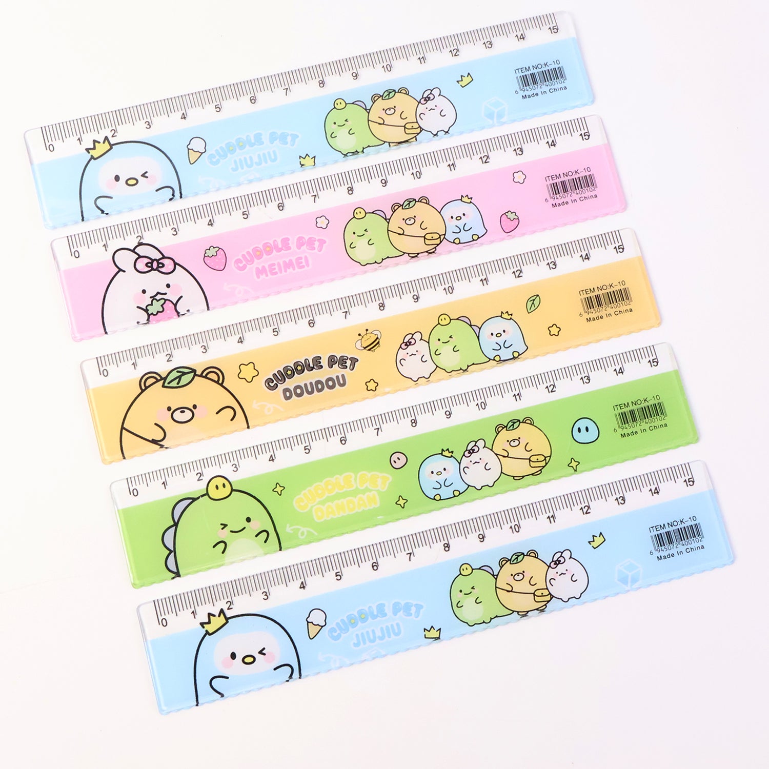 Set of five colorful cartoon plastic rulers for kids, featuring playful designs, from Wukusy, ideal for school and craft projects.