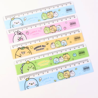 Set of five colorful cartoon plastic rulers for kids, featuring playful designs, from Wukusy, ideal for school and craft projects.