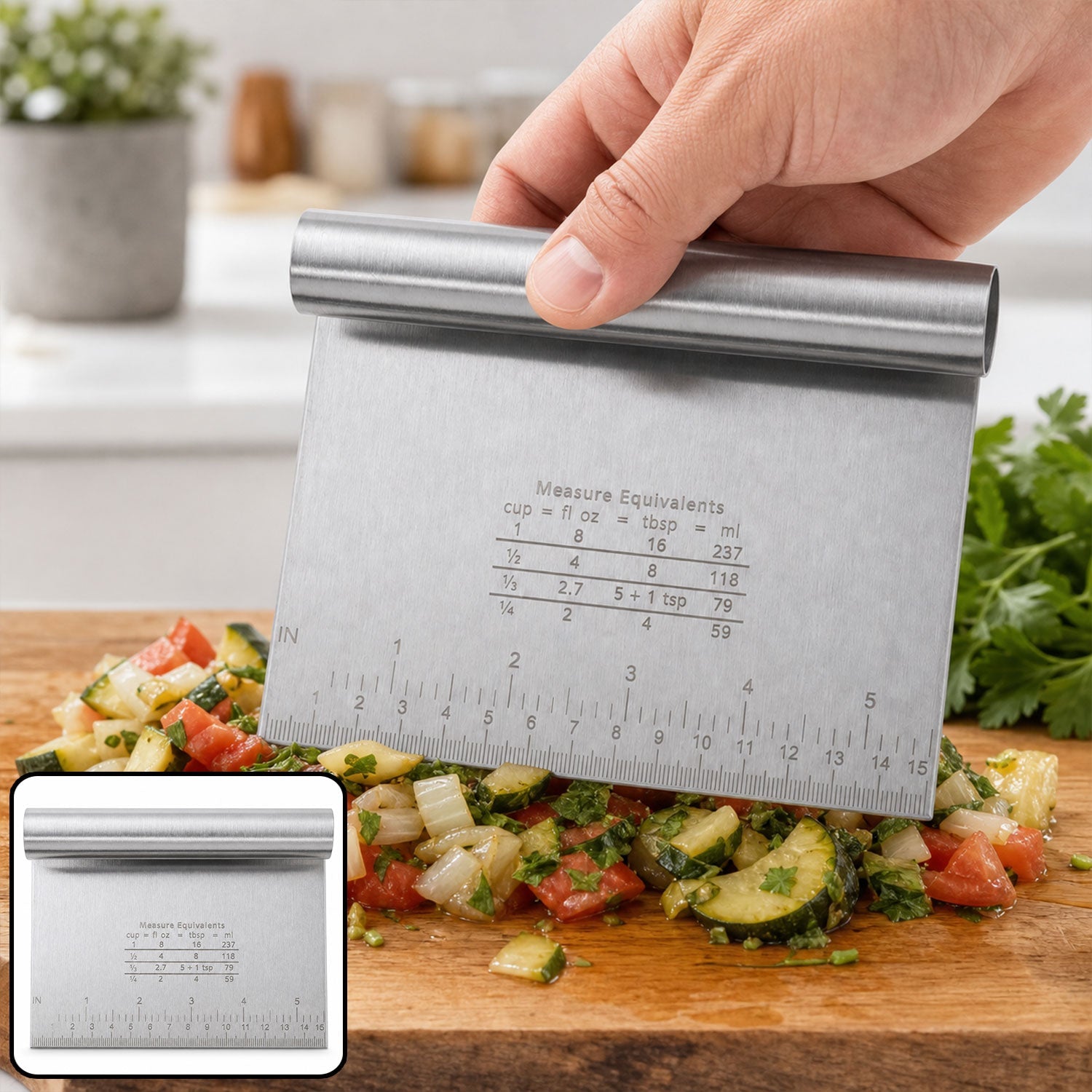 Small stainless steel dough scraper cutter with scale, 15x12 cm, by Wukusy, showing the sturdy tool with measurement markings.