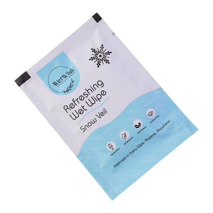 Wukusy Snow Veil refreshing wet wipes for face, body, and hands, shown in a single-pack package on a white background.
