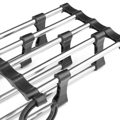 Wukusy adjustable trouser pants hanger organizer with multiple clips for easy clothing storage, shown hanging on a closet rod.