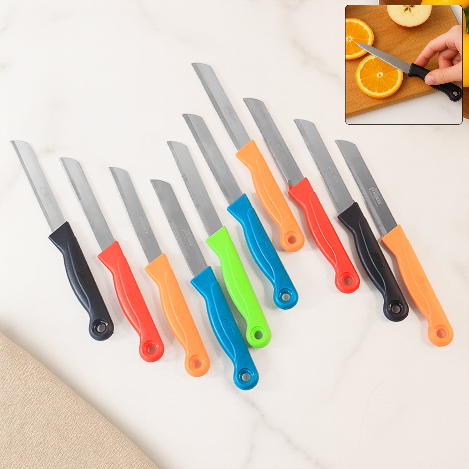 Wukusy Supermom stainless steel kitchen laser knife set with ten different knives for home cooking and food prep.
