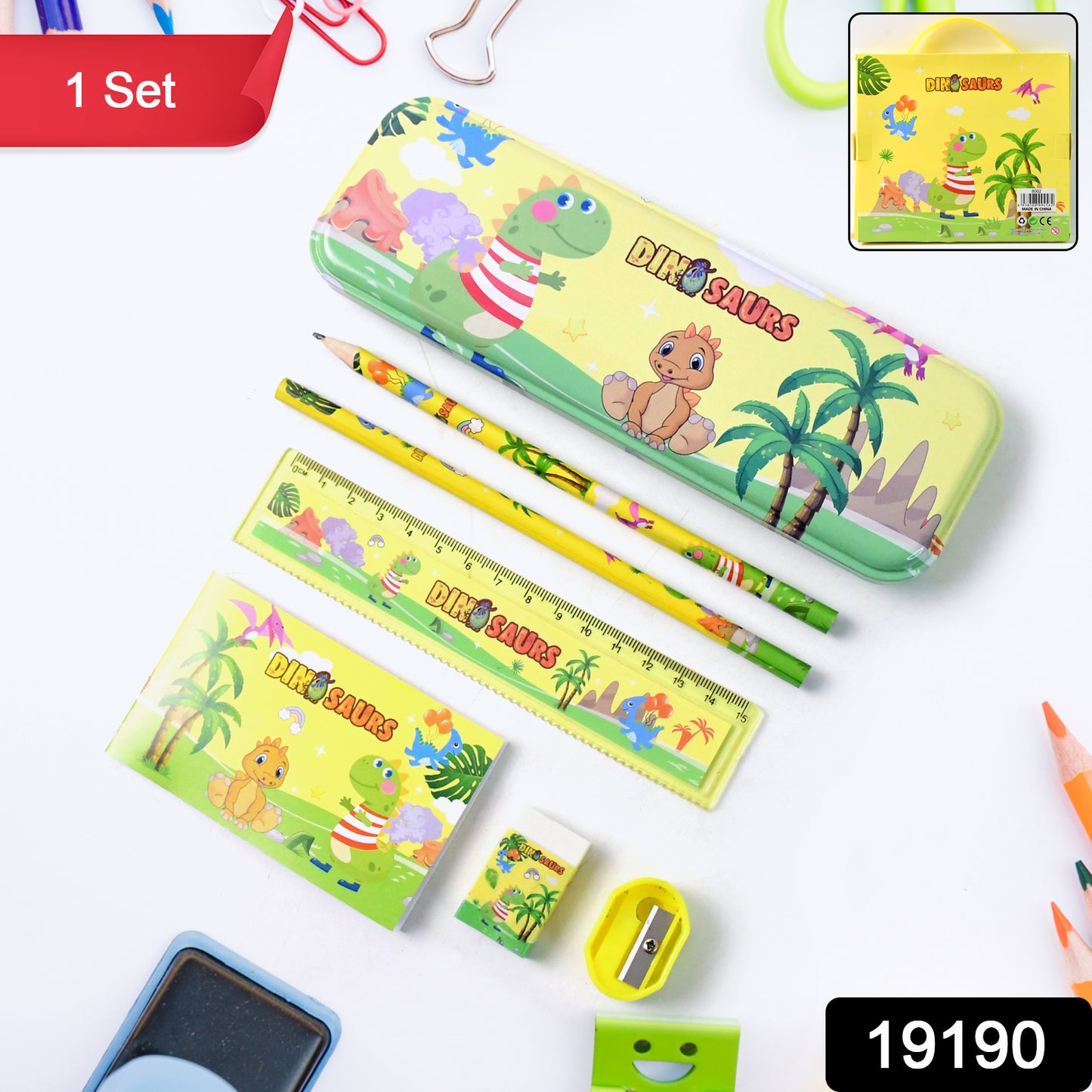 Kids dinosaur printed stationery set by Wukusy featuring colorful notebooks, pens, and stickers with fun dinosaur designs.