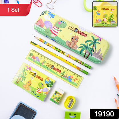 Kids dinosaur printed stationery set by Wukusy featuring colorful notebooks, pens, and stickers with fun dinosaur designs.