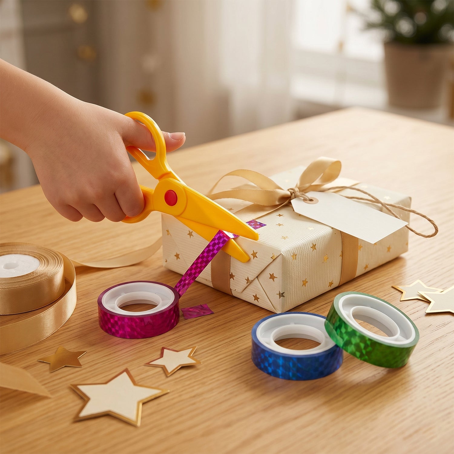 Wukusy holographic decorative tape set with 39 rolls and scissors, showcasing shiny, colorful tapes ready for craft projects.