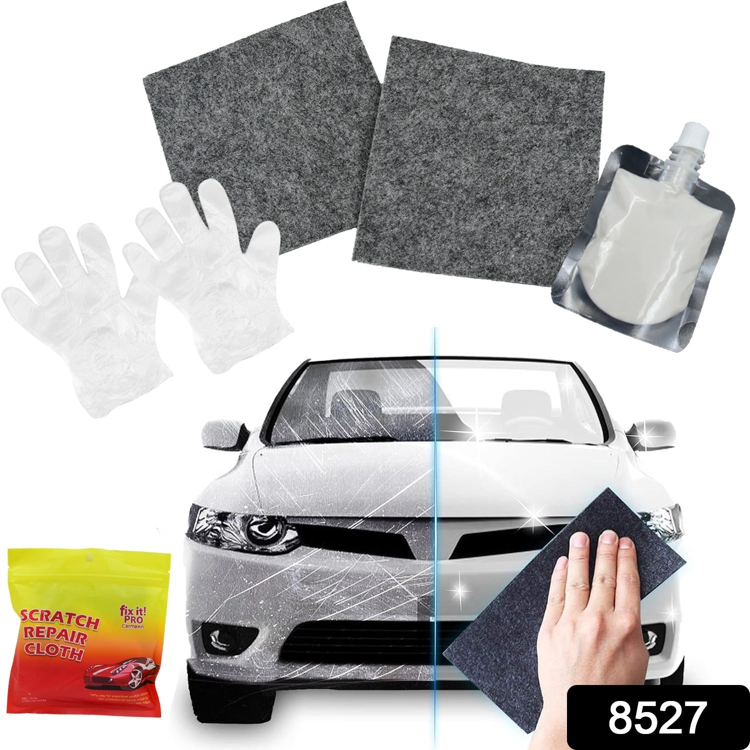 Wukusy Nano Magic Car Scratch Remover Cloth kit with repair solution, gloves, and polishing cloth for car paint scratch repair.