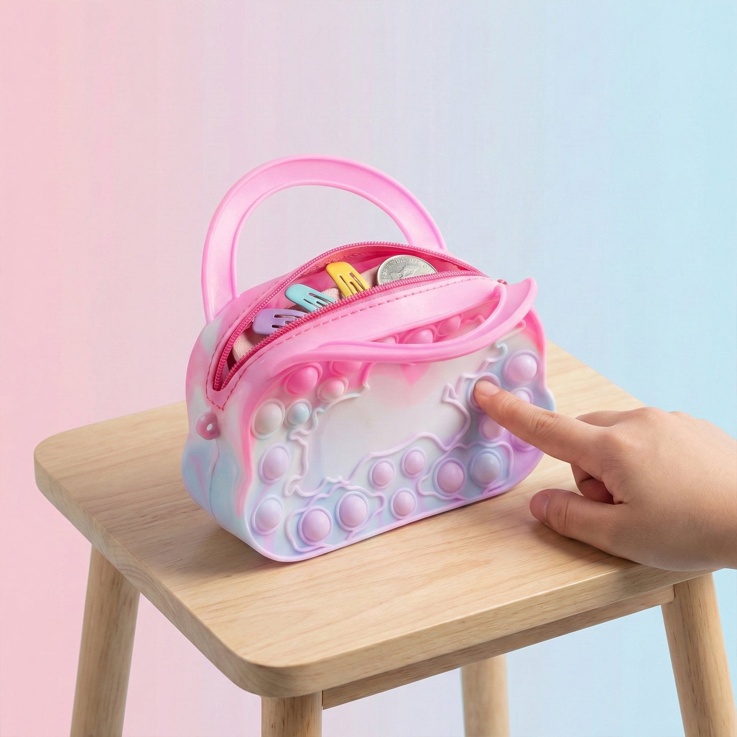 Wukusy silicone Pop It coin purse with zipper and handle, colorful and flexible for easy coin storage and carrying.