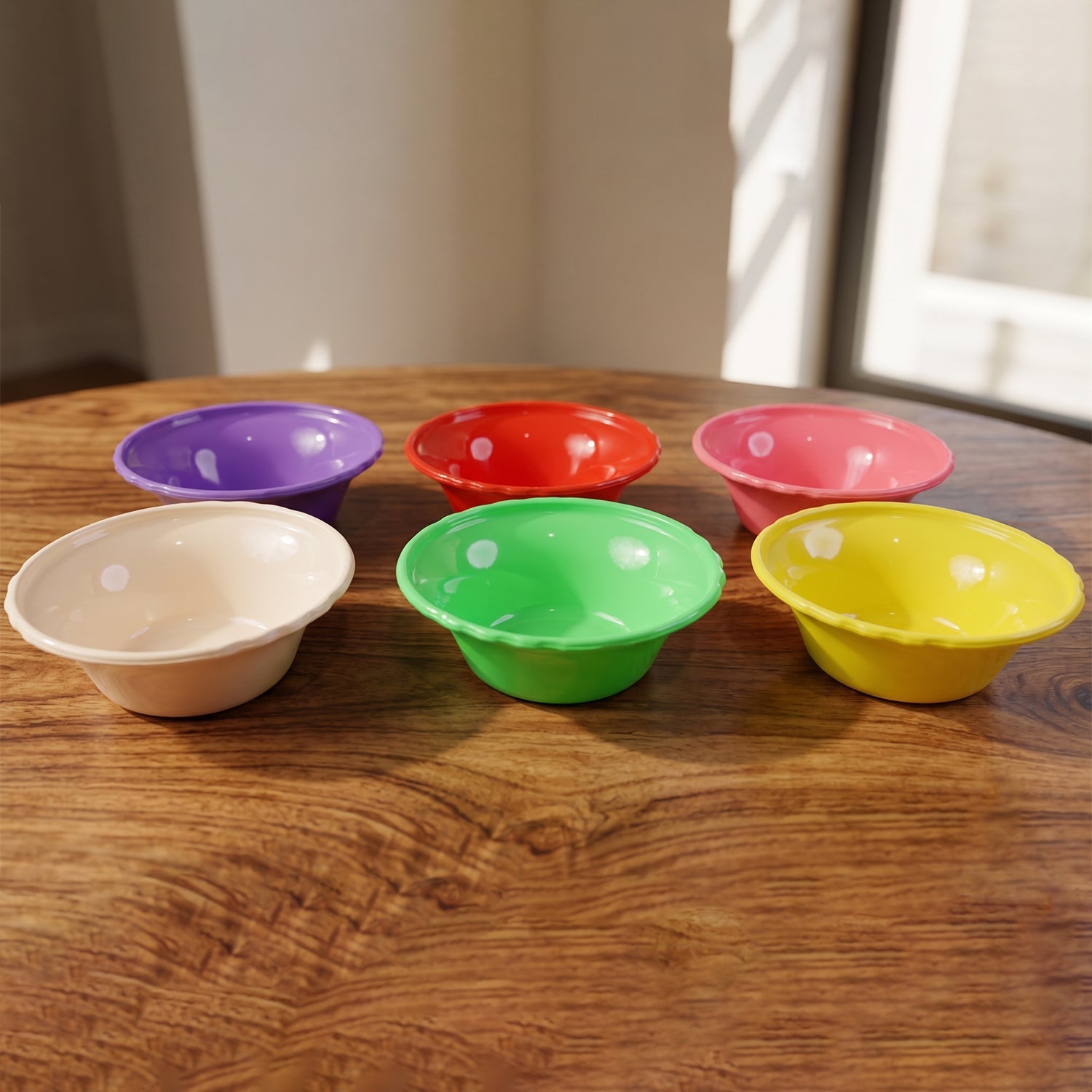 Set of six Wukusy multicolour plastic serving bowls, unbreakable kitchen bowls for salads, snacks, and parties.