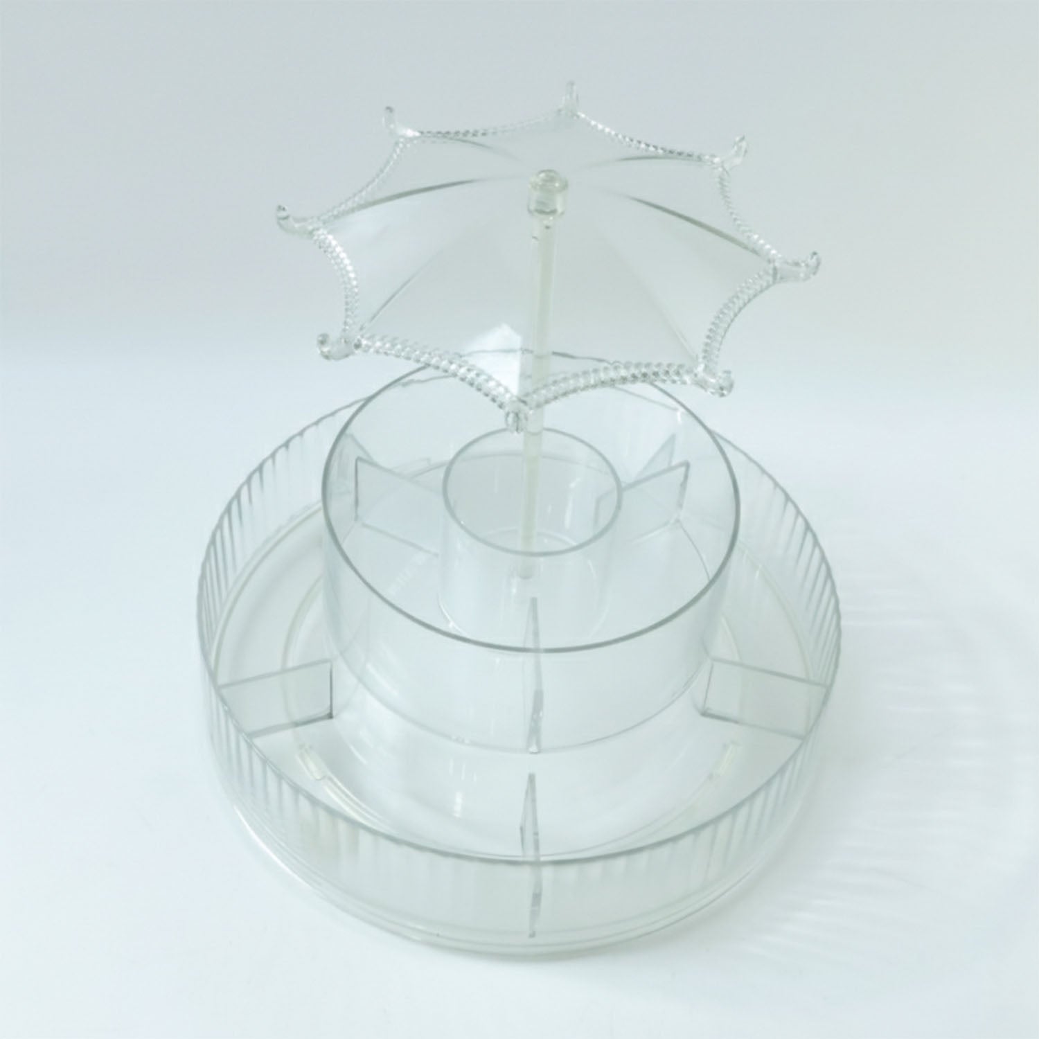 Wukusy premium 360 rotating makeup and jewelry organizer stand with multiple compartments for cosmetics and accessories.