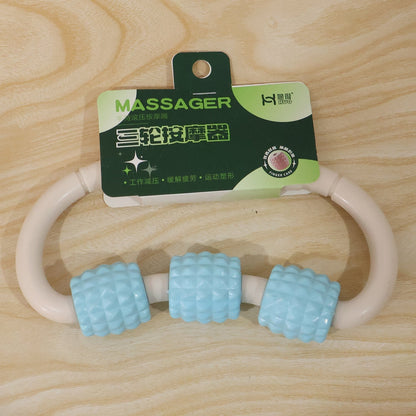 Wukusy handheld 3-roller body massager ring for muscle relaxation, shown in close-up with textured rollers for arms and legs.