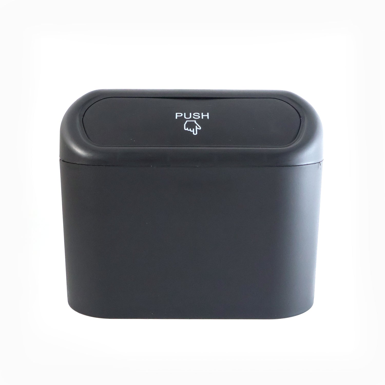 Wukusy waterproof mini car trash can with lid, compact storage bin for vehicle waste, in black with a sleek design.