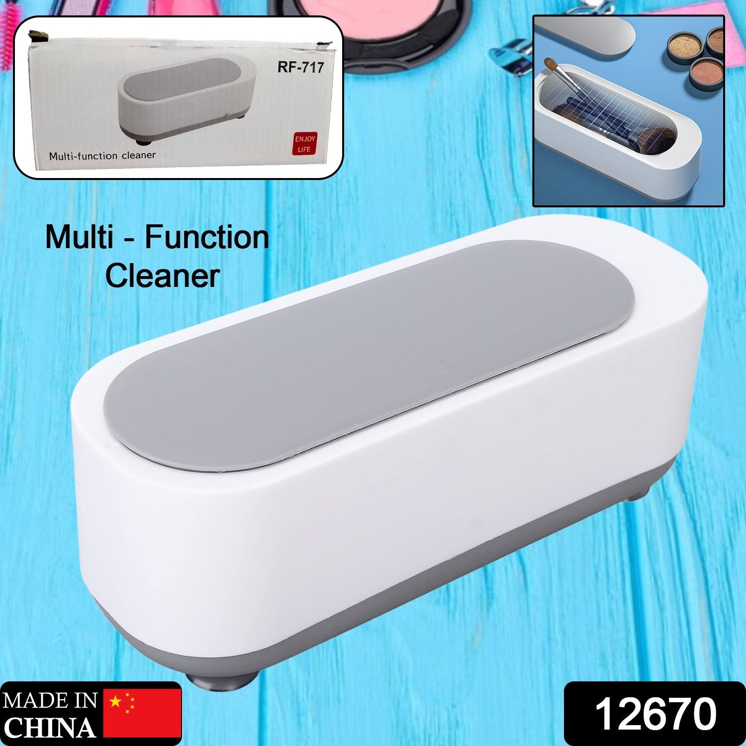 Wukusy ultrasonic jewelry cleaner with compact design, showing a silver ring, glasses, and coins inside the cleaning chamber.