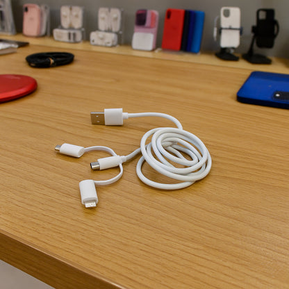 Wukusy 3-in-1 multi charging cable with USB-C, Lightning, and Micro USB connectors for mobile device charging and data transfer.