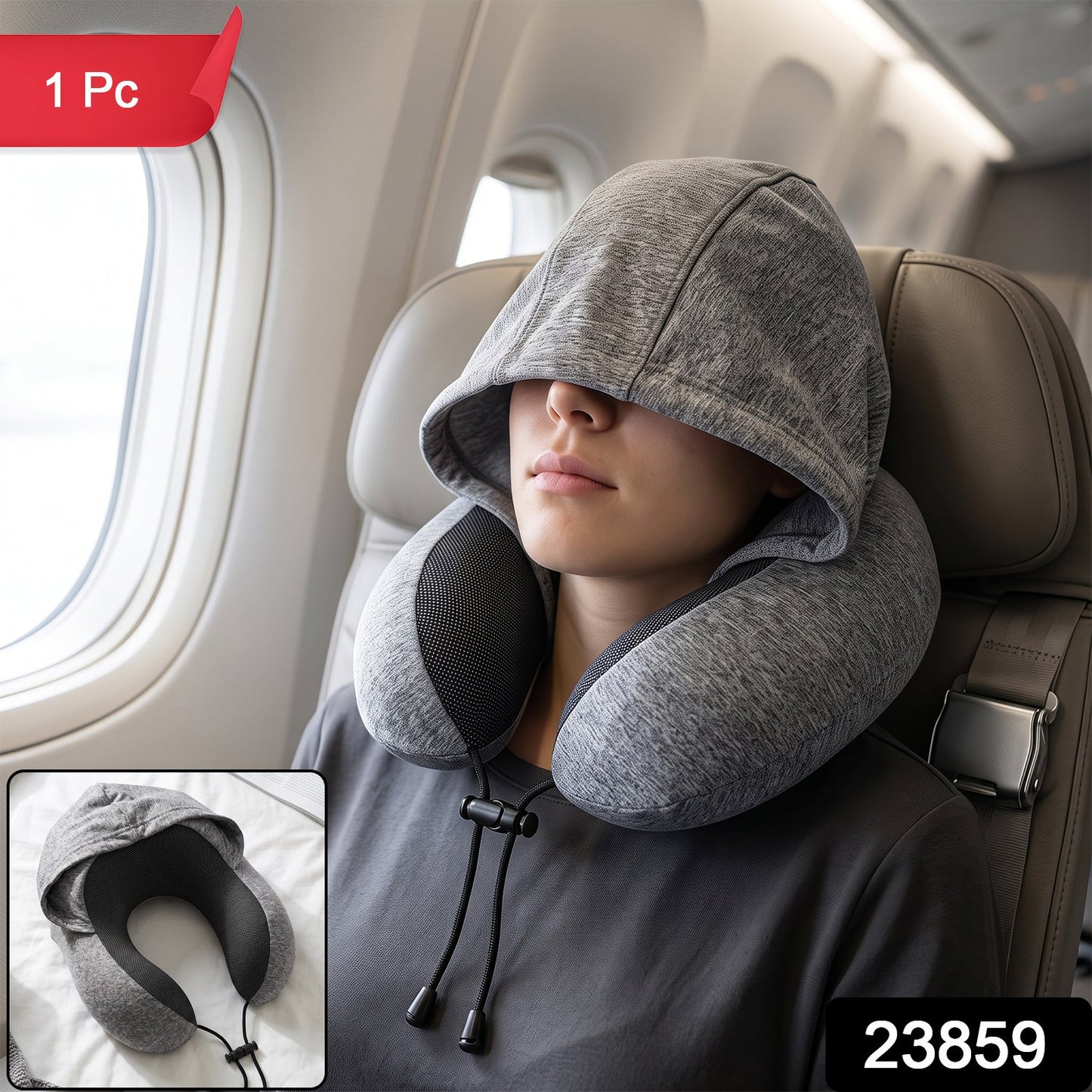 Grey U-shaped Wukusy travel hooded neck pillow with drawstring hood, designed for comfort during travel.
