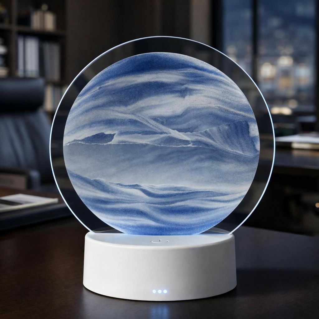 Wukusy round sand art LED table lamp with colorful swirling sand, decorative night light for ambient lighting and relaxing decor.