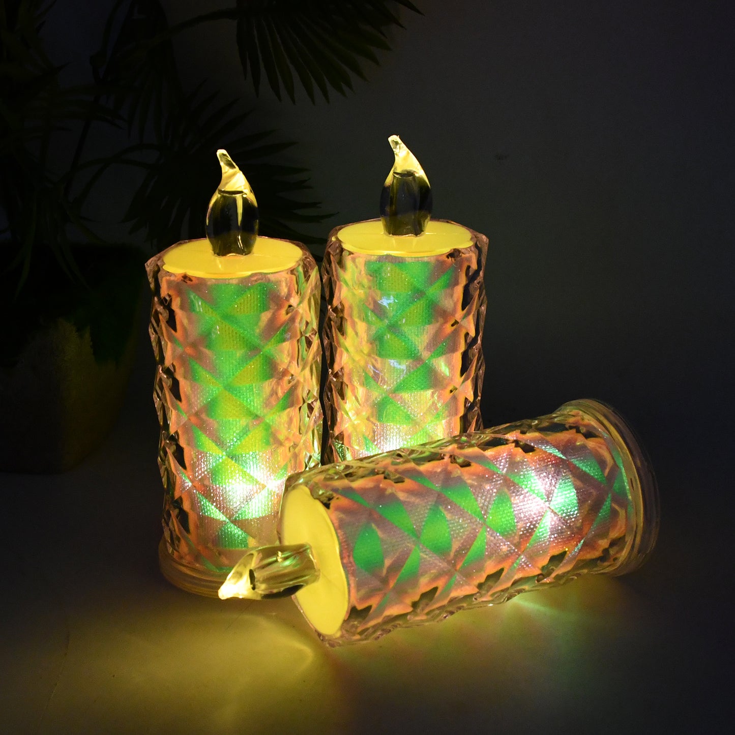 Set of three Wukusy LED flameless decorative candle lights for home decor, showing warm glow and realistic flickering effect.
