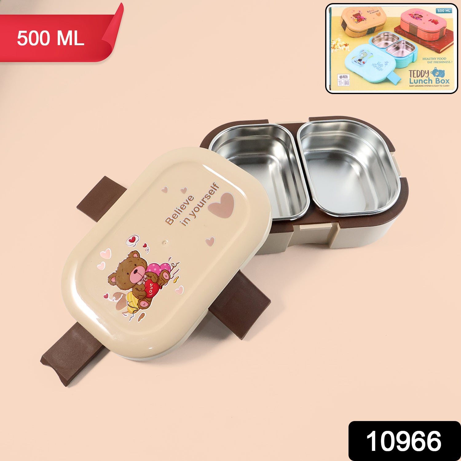 Wukusy cute teddy printed kids lunch box with 500ml capacity, featuring a colorful teddy bear design for children.