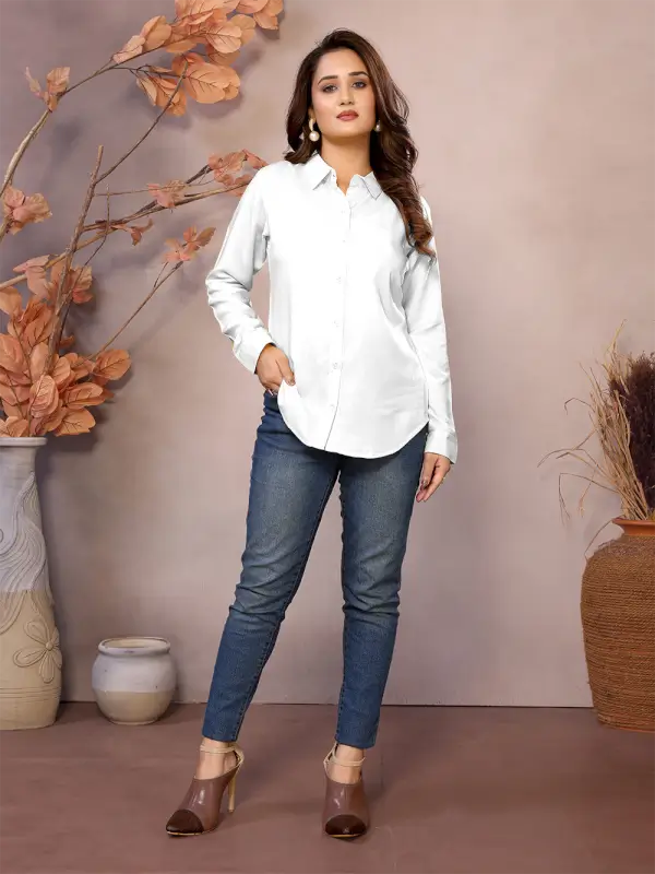 Ekom women's golden pure viscose shirt with collared neck, half sleeves, hip length, stylish for casual wear