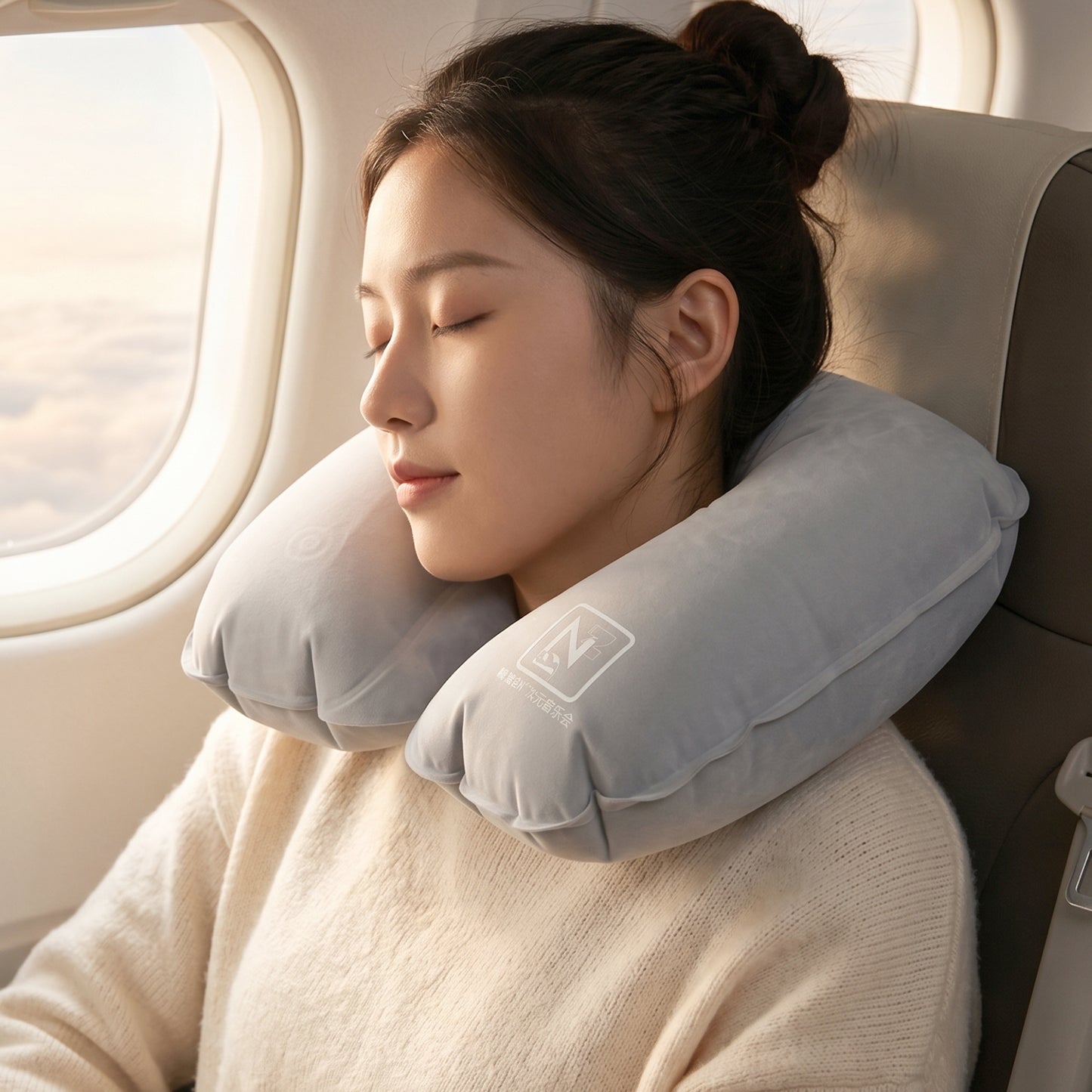 Wukusy 3-in-1 travel comfort kit with neck pillow, eye mask, and earplugs, designed for relaxing flights or train journeys.