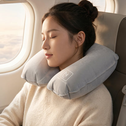 Wukusy 3-in-1 travel comfort kit with neck pillow, eye mask, and earplugs, designed for relaxing flights or train journeys.