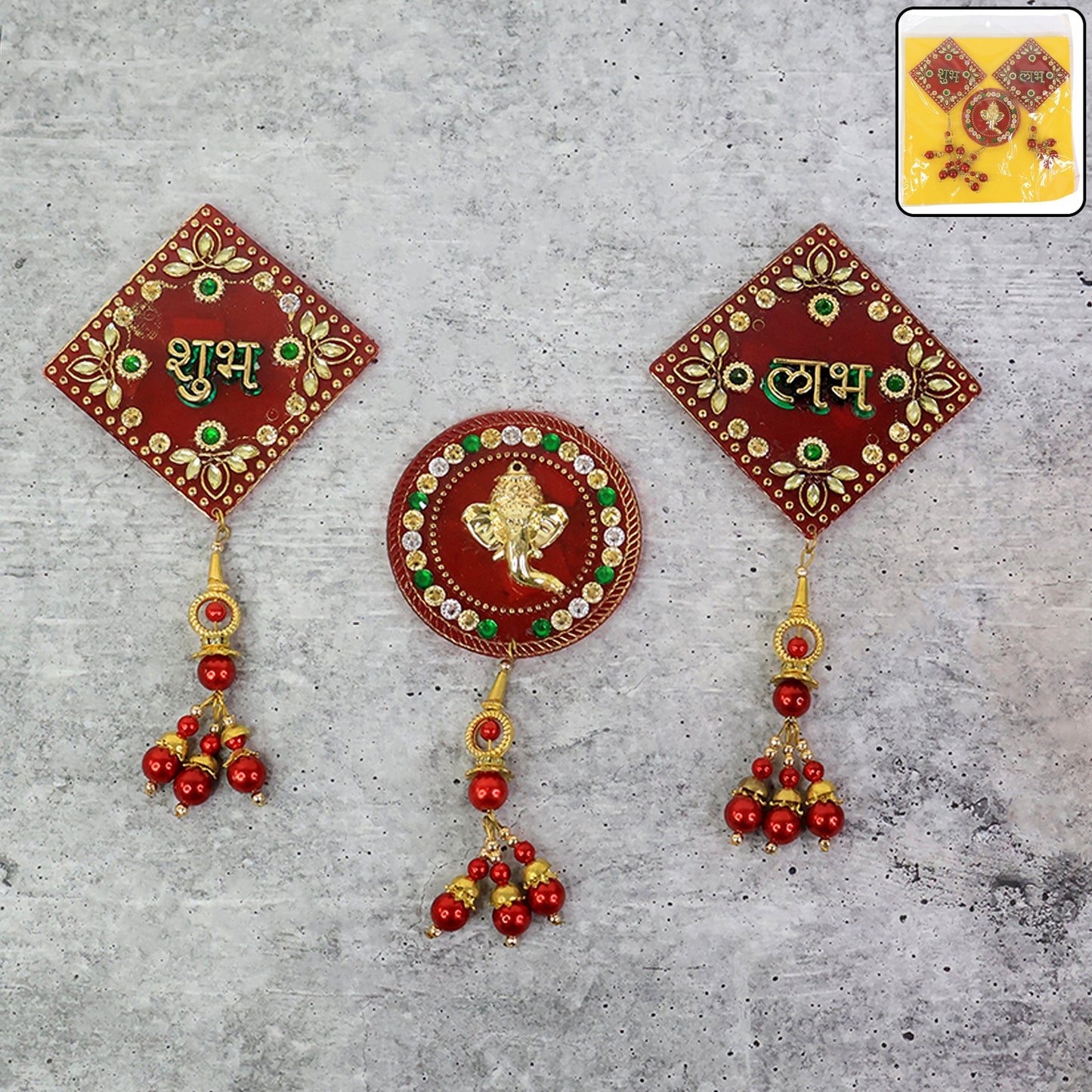 Three-piece Wukusy decorative wall hanging set with Shubh Labh and Ganesh designs for home decor, featuring traditional Indian motifs.