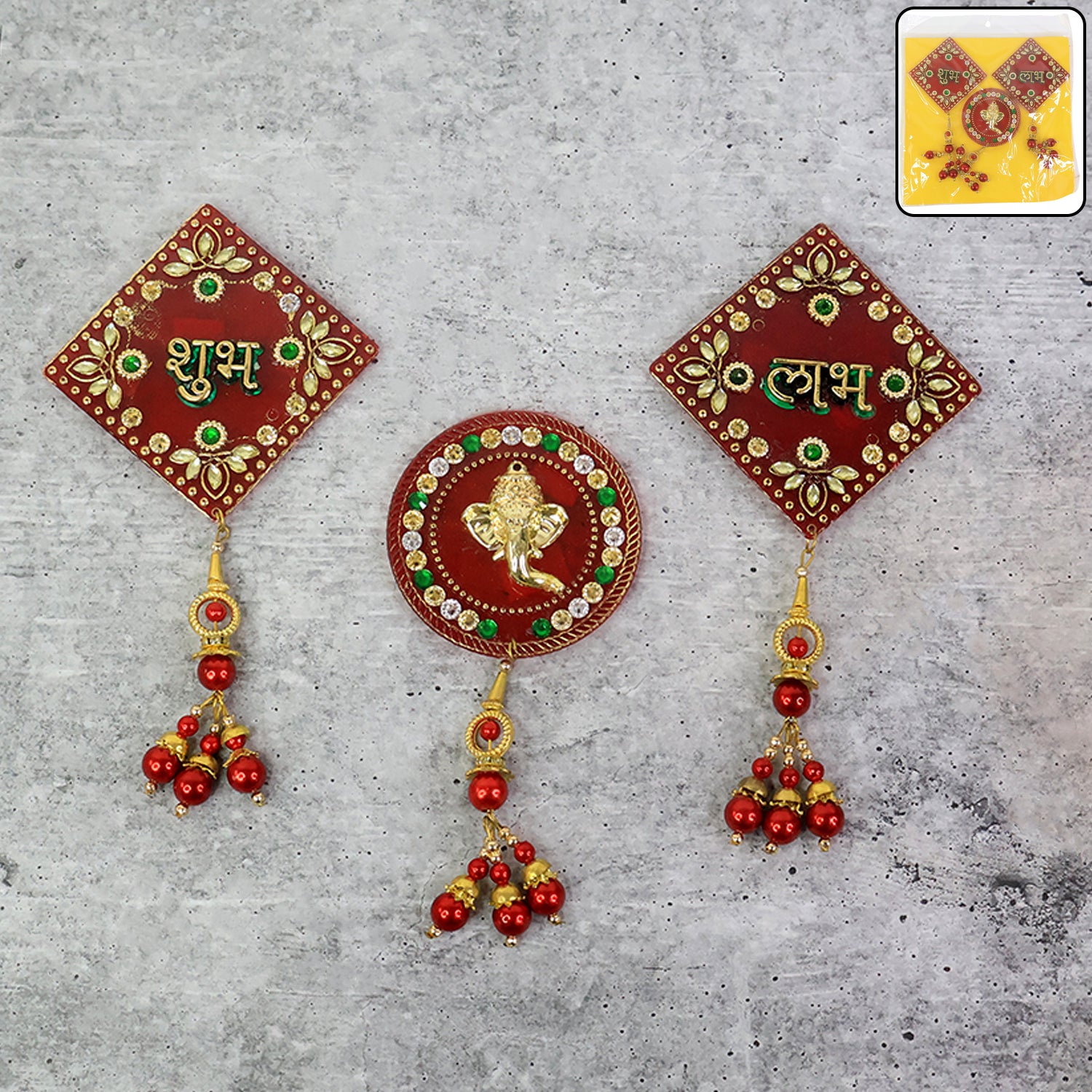 Three-piece Wukusy decorative wall hanging set with Shubh Labh and Ganesh designs for home decor, featuring traditional Indian motifs.