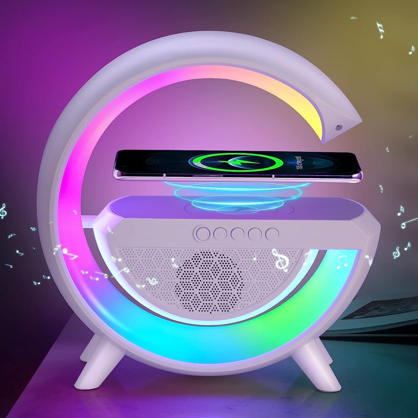 Wukusy 3-in-1 LED night lamp with Bluetooth speaker, wireless charging, and mood lighting in a modern bedroom setting.