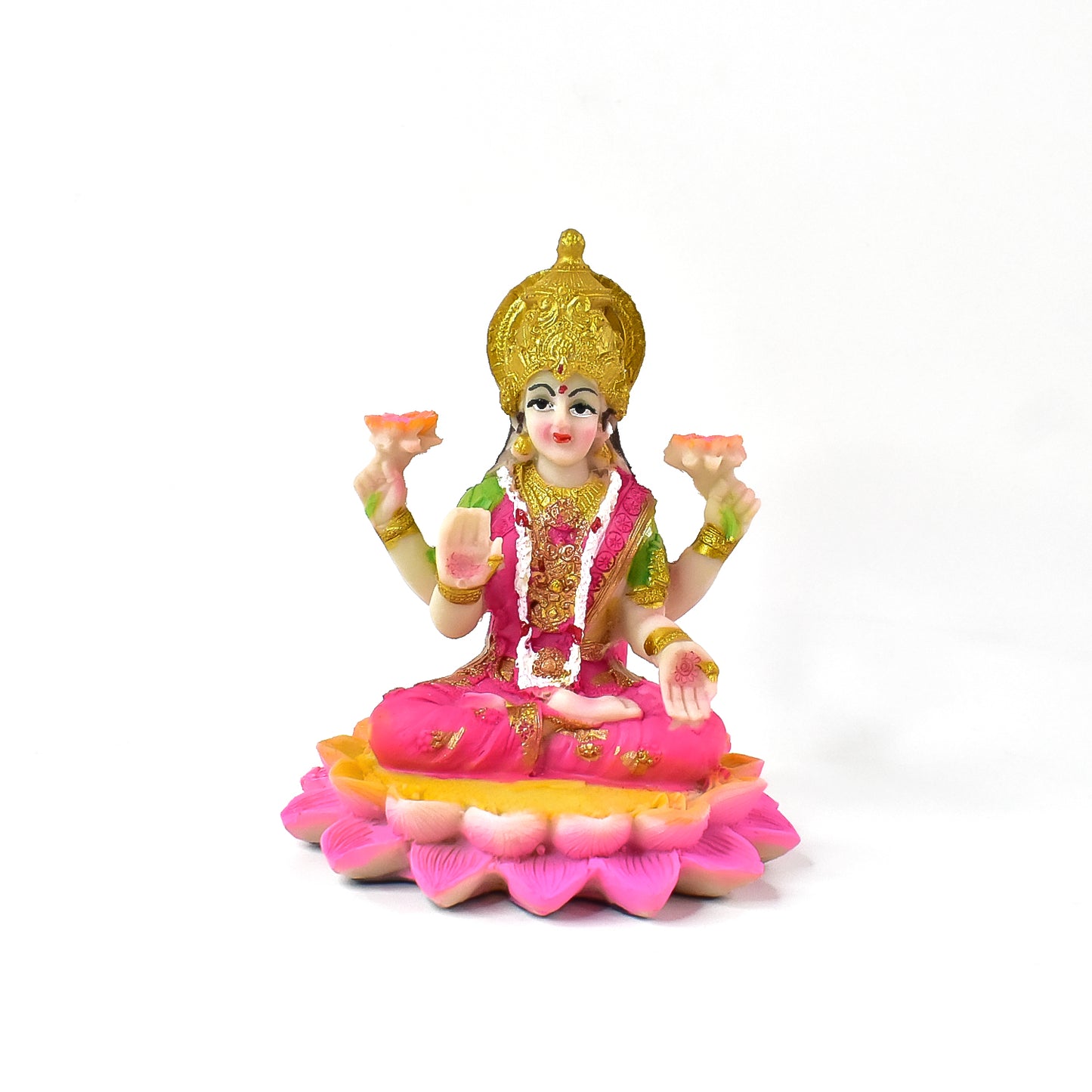 Decorative Lakshmi Mata idol sitting on a lotus flower, crafted by Wukusy, perfect for spiritual and home decor.