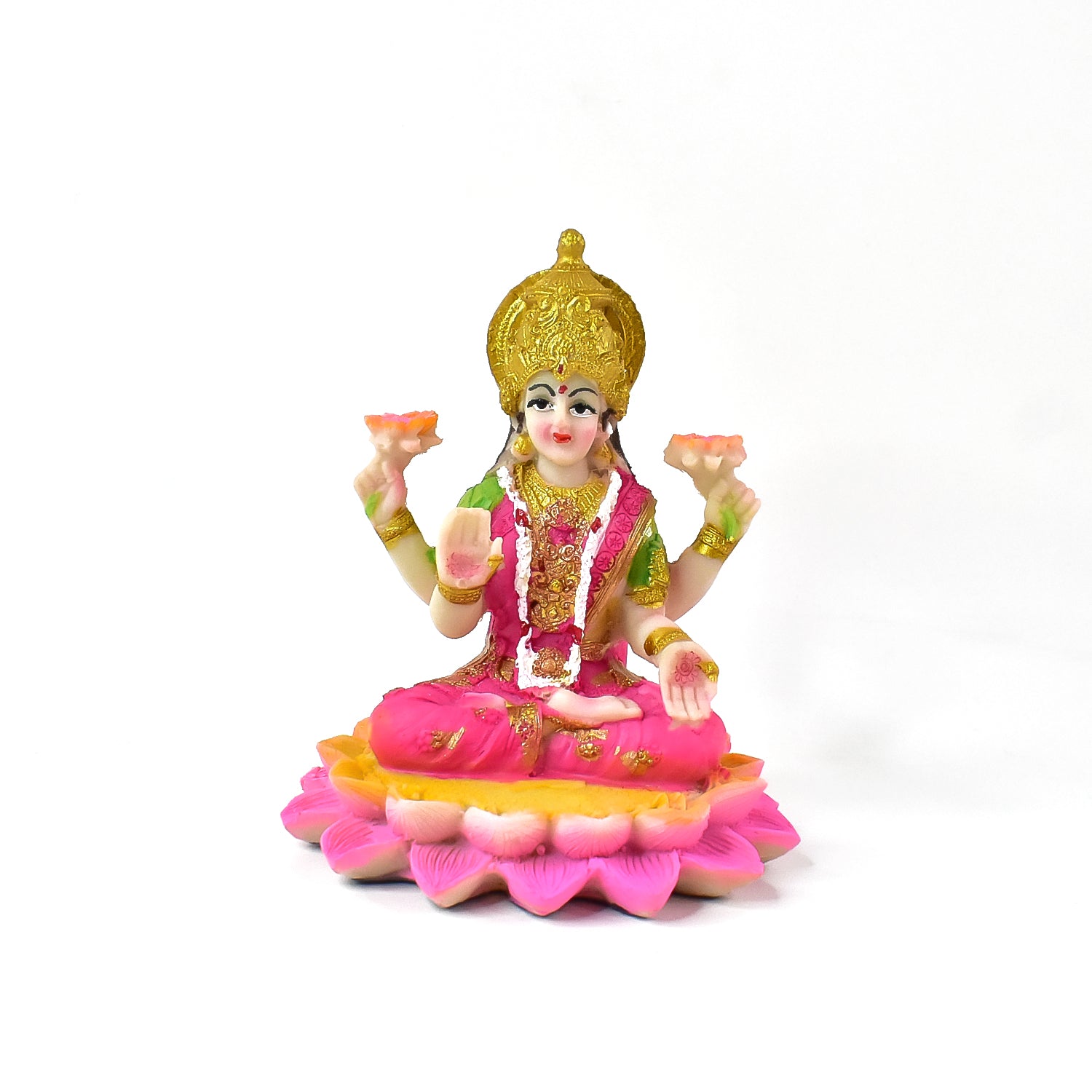 Decorative Lakshmi Mata idol sitting on a lotus flower, crafted by Wukusy, perfect for spiritual and home decor.