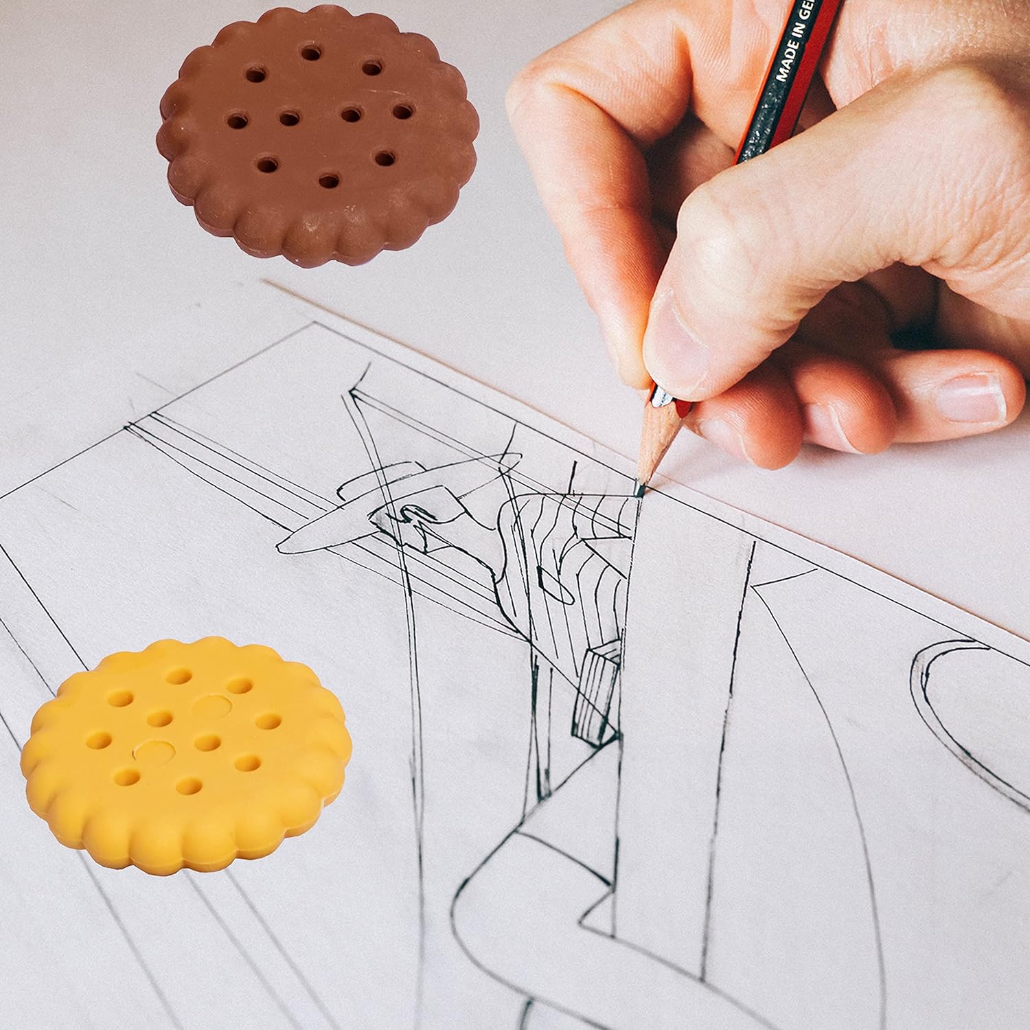 Set of six Wukusy biscuit-shaped erasers for stationery, ideal for school, office, or gift, featuring creative design in a fun pack.