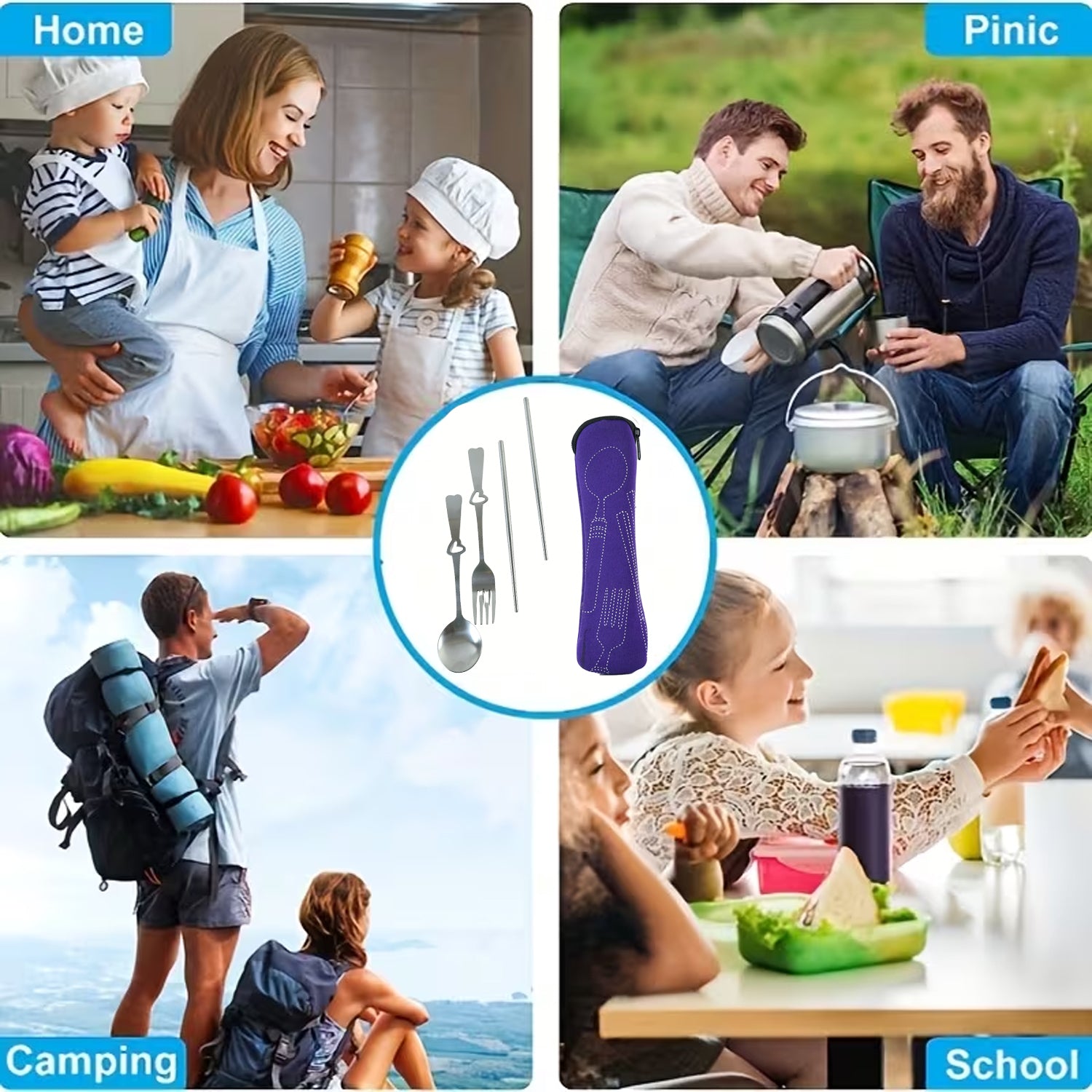 Wukusy portable stainless steel cutlery set with spoon, fork, chopsticks in a pouch, 4-piece travel dining utensil kit