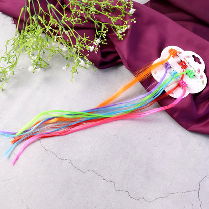 Colorful kids hair extensions with hair clips by Wukusy, showing six mix-colored strands with attached clips for easy styling.