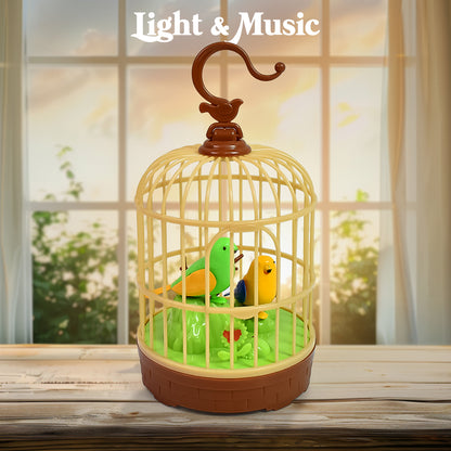 Wukusy sound-activated chirping bird toy in hanging cage, colorful and decorative bird toy for pets or decor.