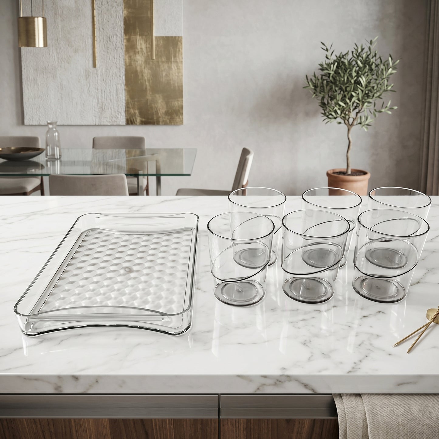 Set of six premium glass serving glasses with a matching tray from Wukusy, ideal for elegant table presentation.