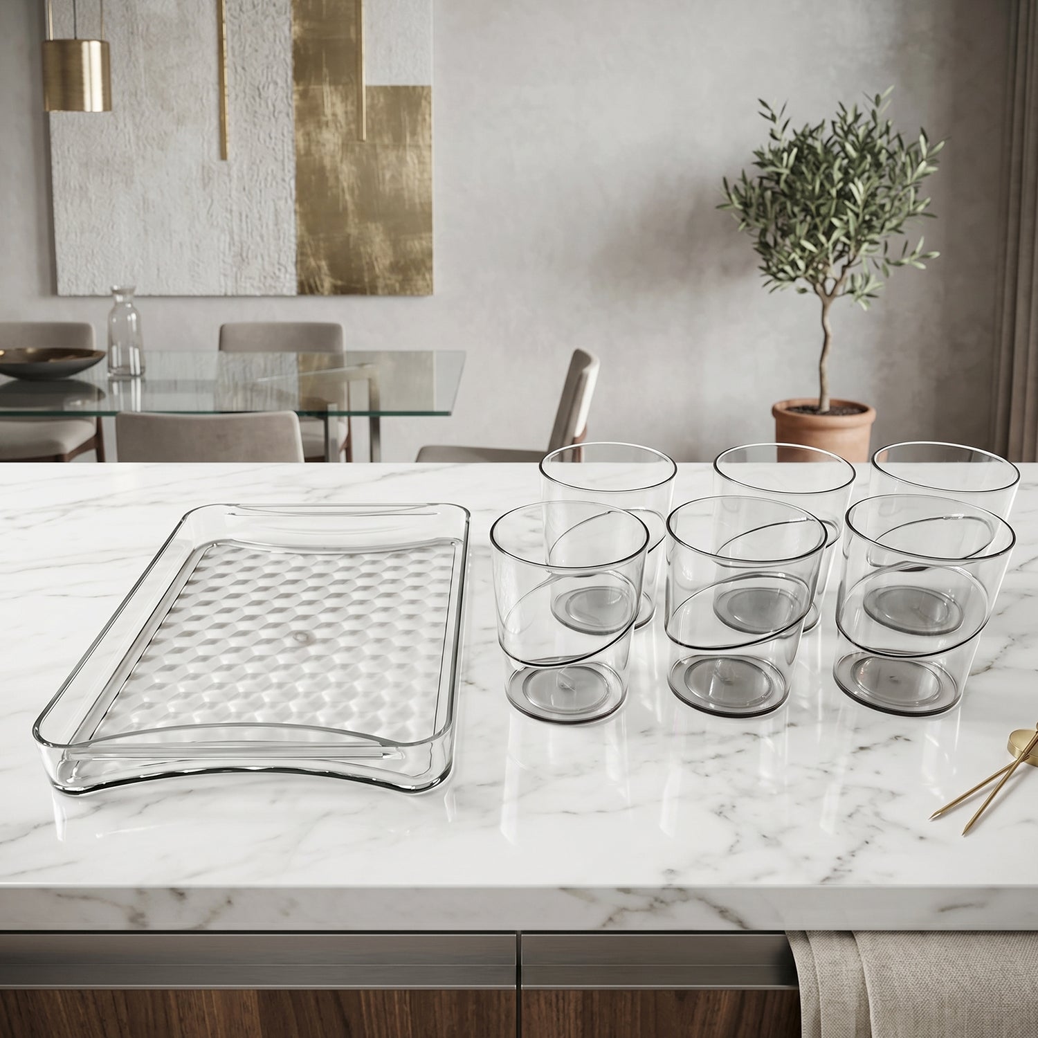 Set of six premium glass serving glasses with a matching tray from Wukusy, ideal for elegant table presentation.