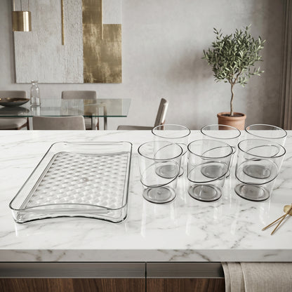 Set of six premium glass serving glasses with a matching tray from Wukusy, ideal for elegant table presentation.